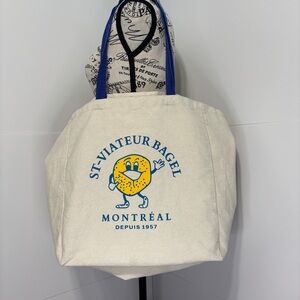 St-Viateur Bagel Montréal Canvas Tote - Cream with Blue Handles